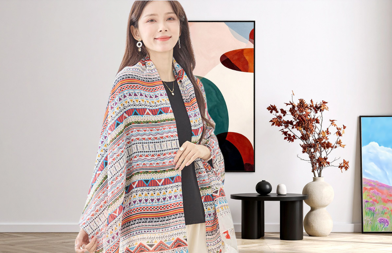 TRUBE プリントタッセル付きストール 184-340アイボリー