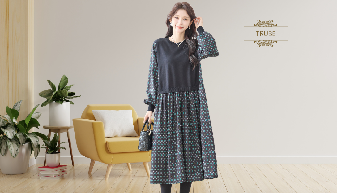 TRUBE【2025新作】【M〜L】レイヤード風スクエアドット柄切替ワンピース