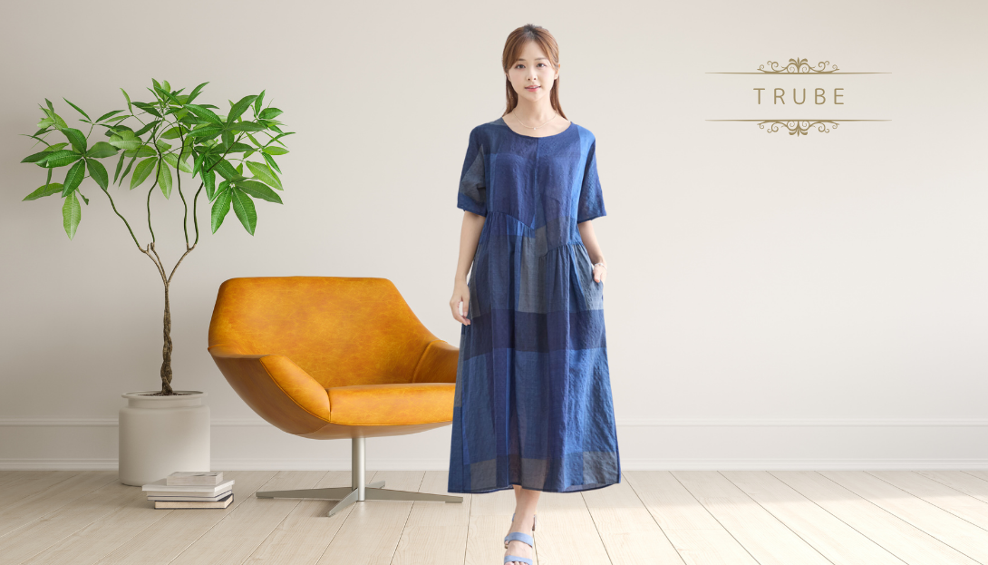 TRUBE【2025新作】【M〜L】ブロックチェックコットンワンピース