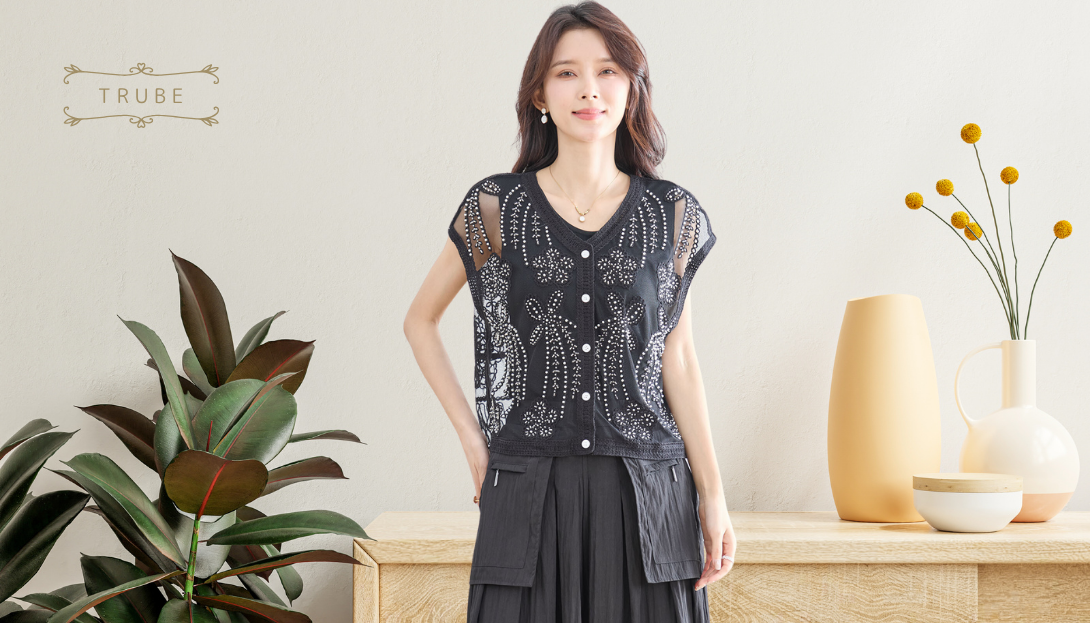 TRUBE【2025新作】【M〜L】パール刺繍レースシアーベスト
