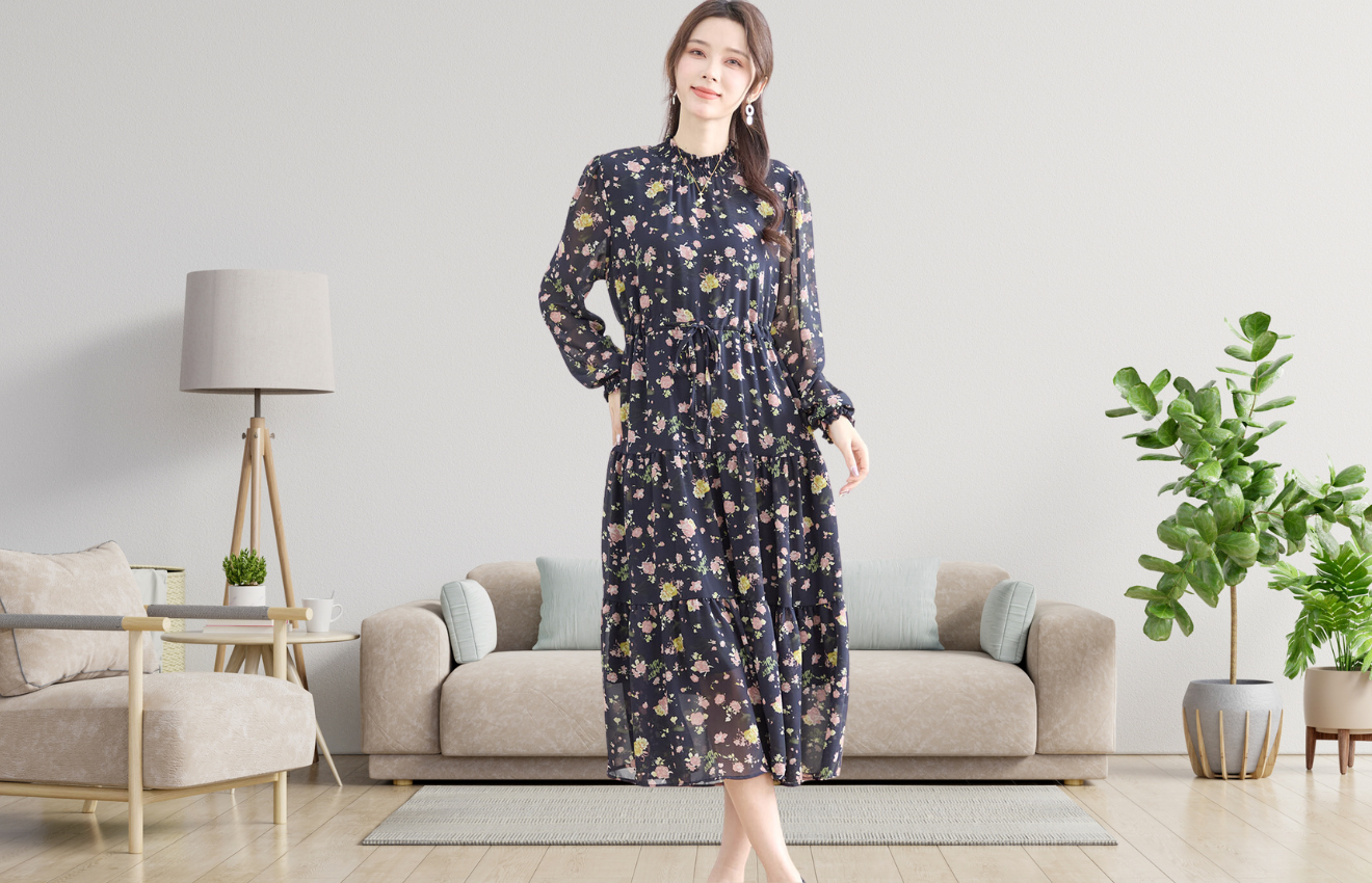 TRUBE クラシカルフラワープリントシフォンワンピース【M~L】ネイビー