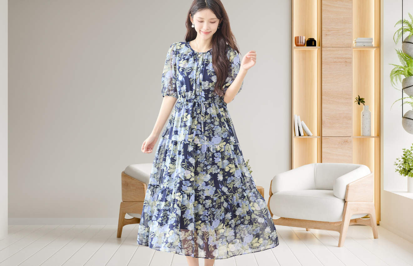 TRUBE ウエストリボンシフォン花柄マキシワンピース【M~L】ネイビー