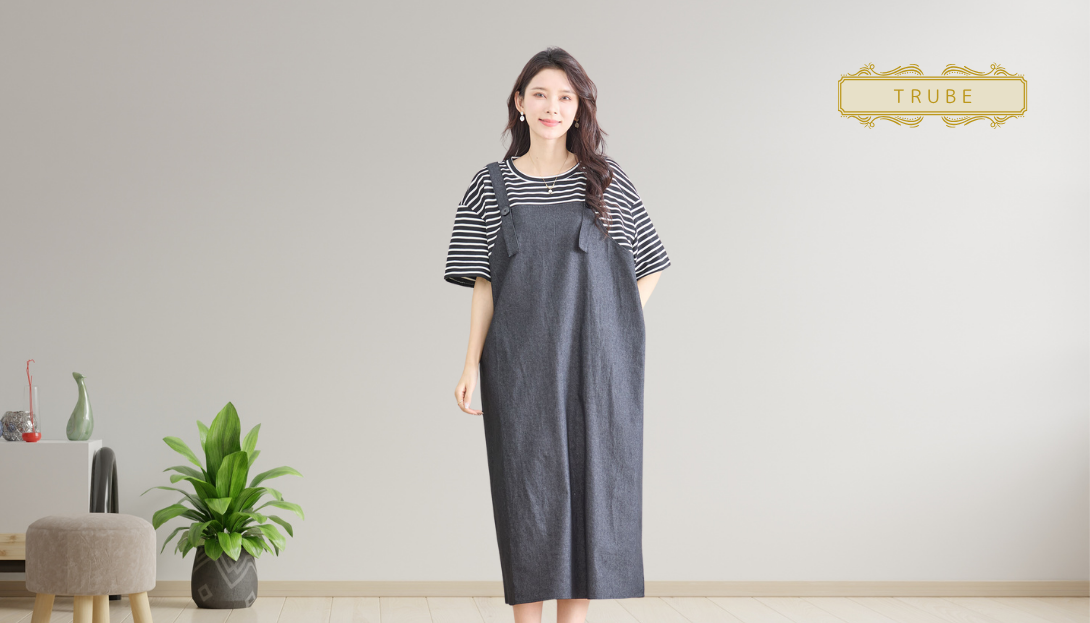 TRUBE【2025新作】【M〜L】ボーダーTドッキングデニムジャンスカ風ワンピース