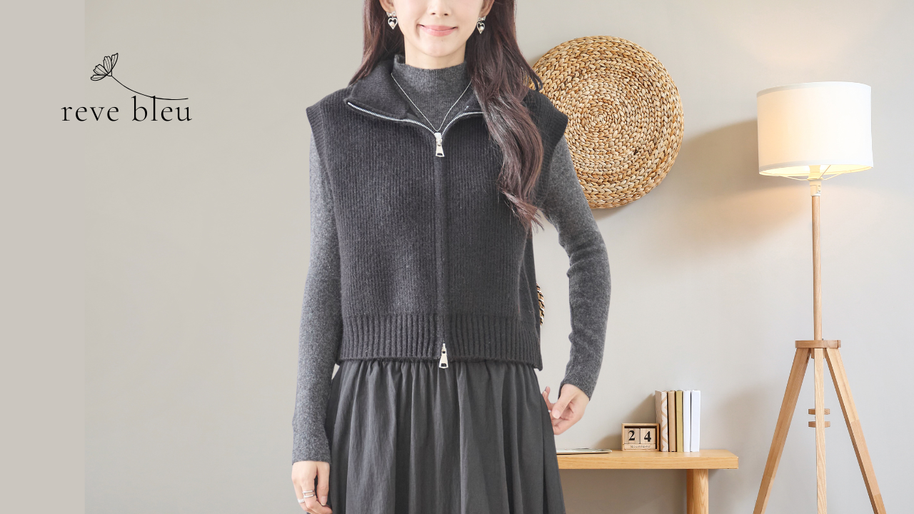 リブニット ジップアップベスト ブラック 前開き レディース M~L 2025 秋冬