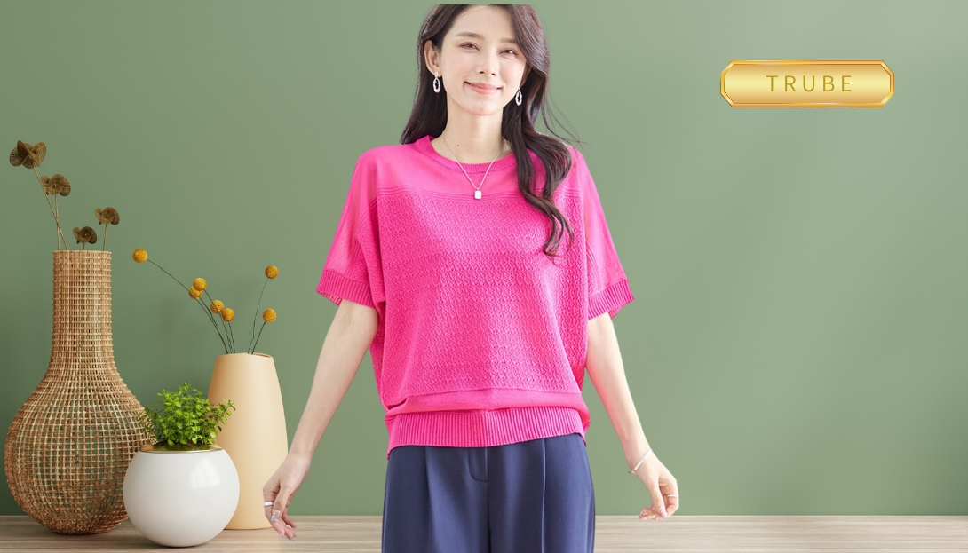 TRUBE【2025新作】【M〜L】シアー切替サマーニットトップス チェリー