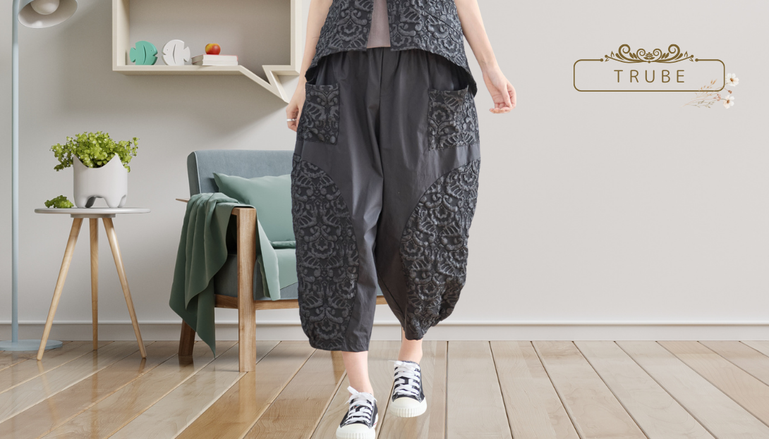 TRUBE【2025新作】【L〜LL】立体フラワージャガード切替バルーンパンツ
