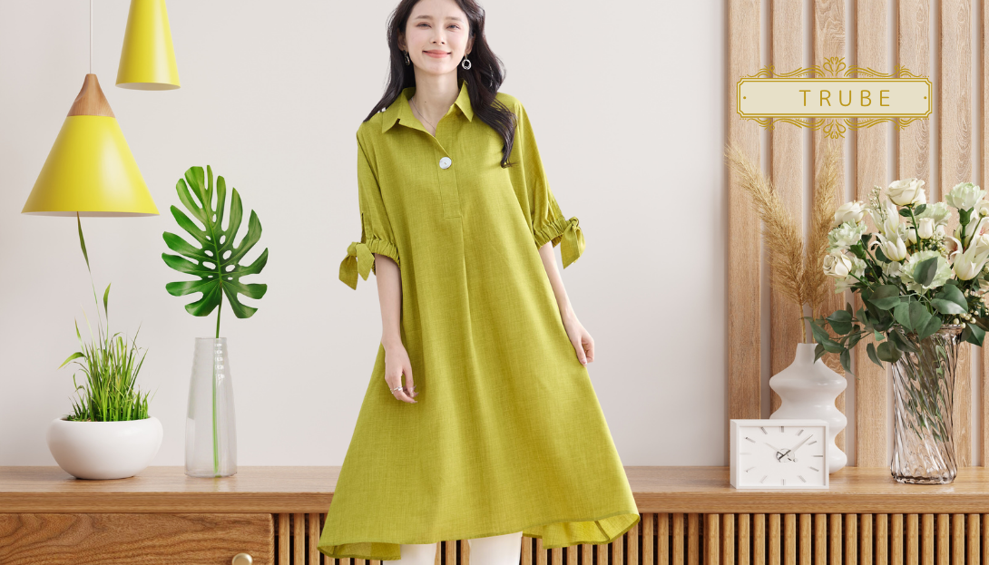 TRUBE【2025新作】【M〜L】1つボタンスキッパーチュニックワンピース キミドリ