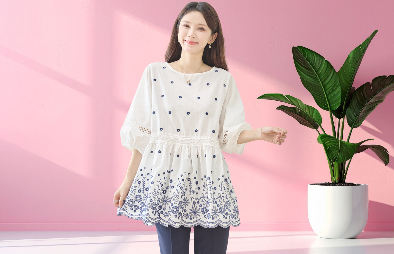 TRUBE 花柄刺繍ペプラムブラウス【M~L】ホワイト