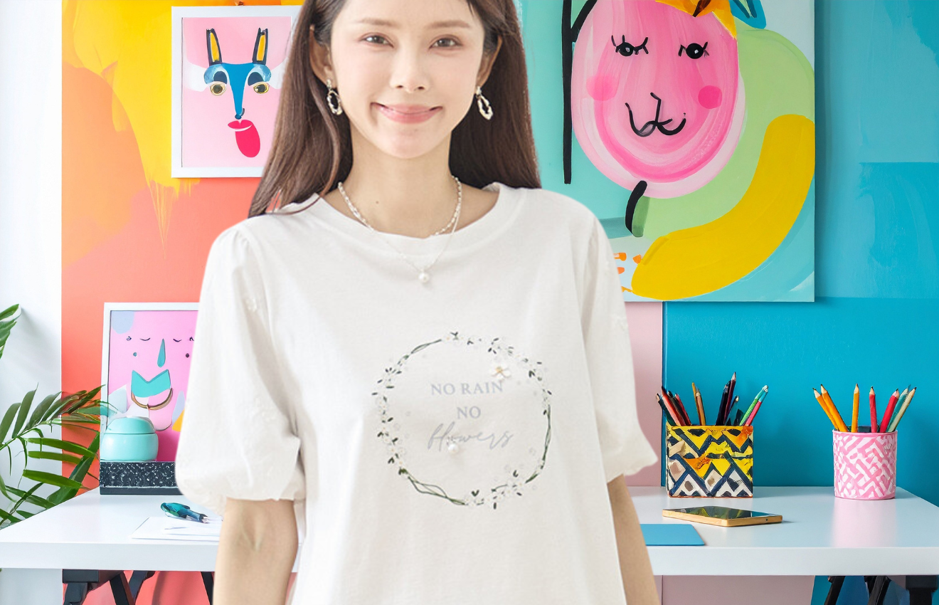 reve bleu フラワーリースプリントレースパフスリーブTシャツ【M~L】ホワイト