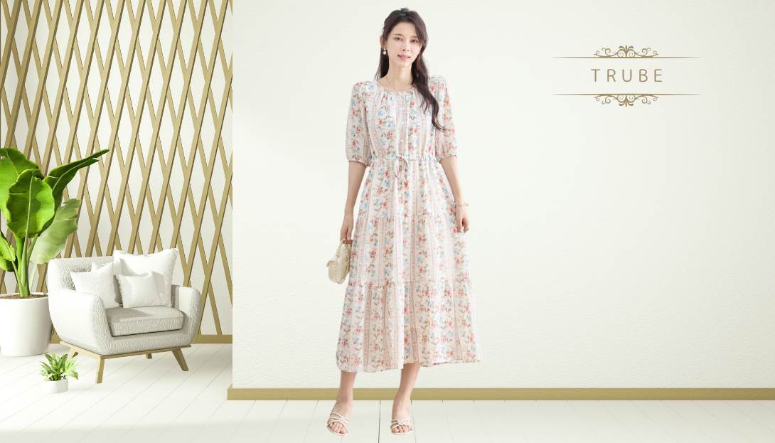 TRUBE【2025新作】【M〜L】レトロフローラルギャザーティアードワンピース ベージュ