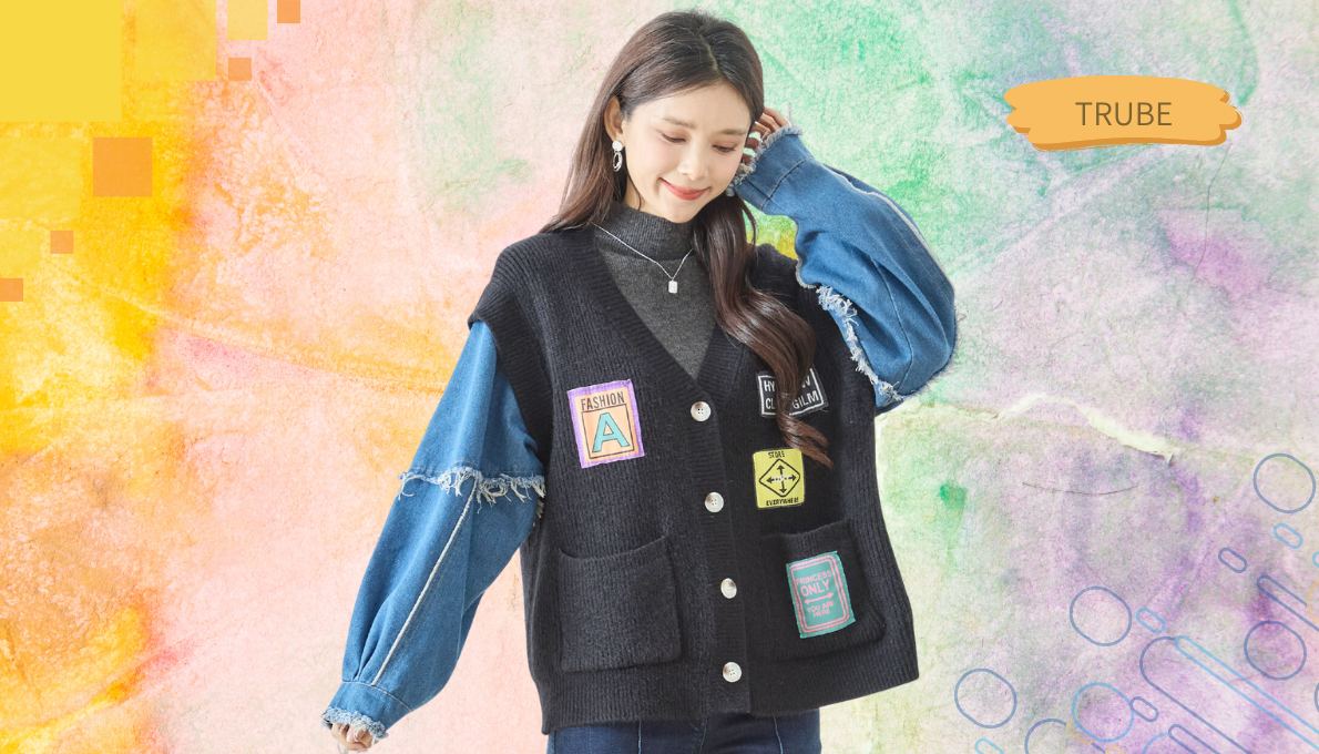 デニム袖リブニットドッキング ワッペンカーディガン 【M~L】ブラック