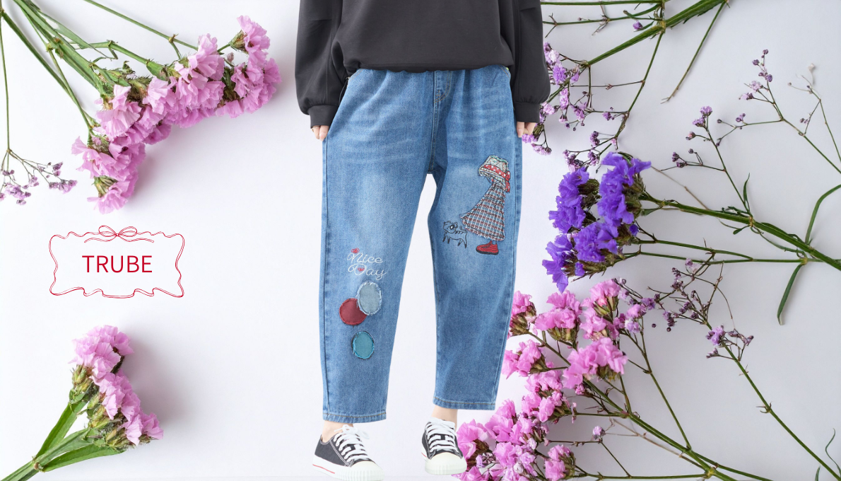 イラストワイドテーパーデニムパンツ 【M~L】デニムブルー