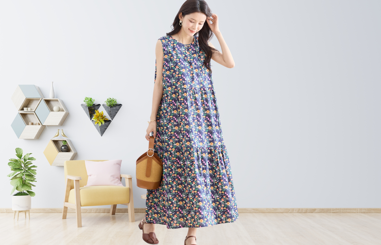 TRUBE ノースリーブ小花柄コットンワンピース【M~L】ネイビー