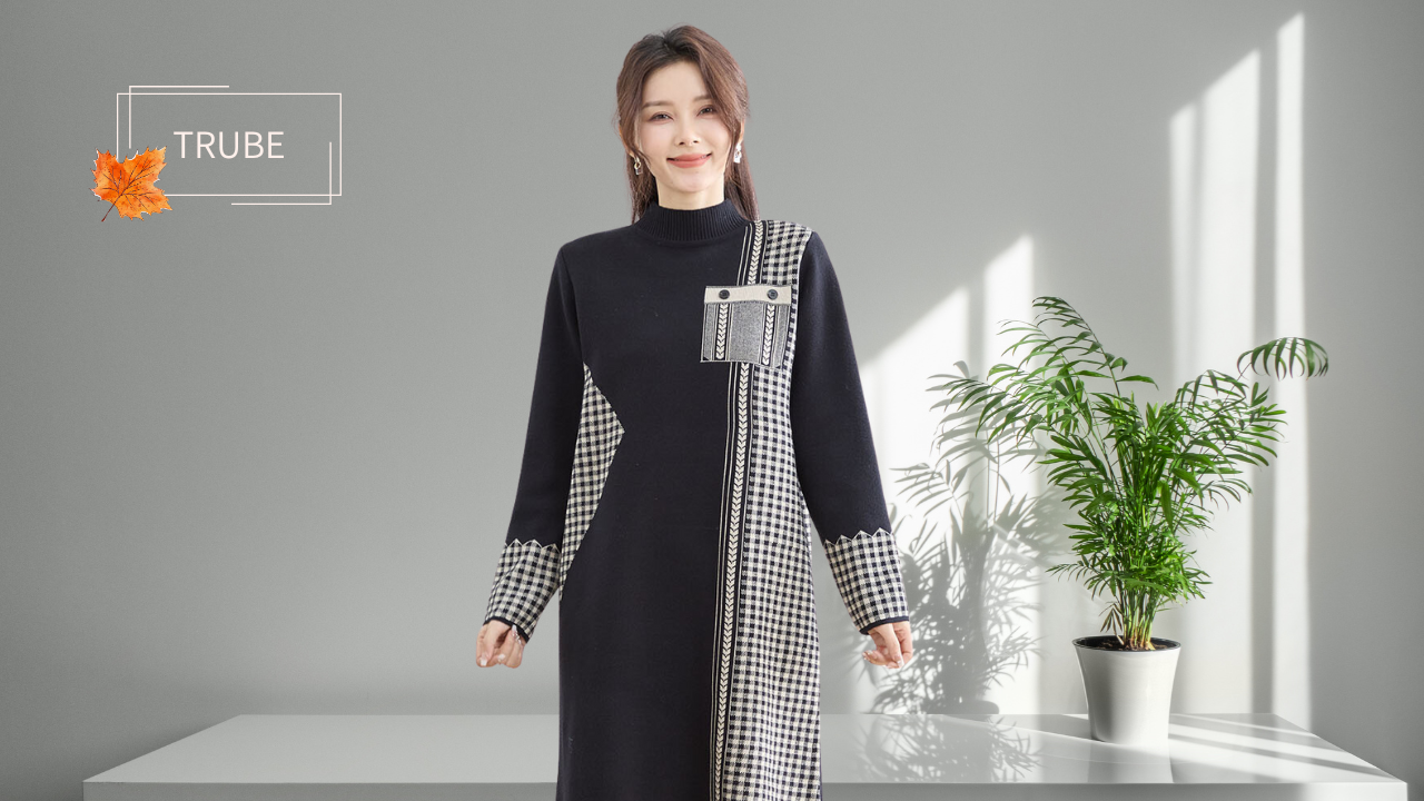 TRUBE【2025新作】【M〜L】フェイクポケットチェック切替ニットワンピース