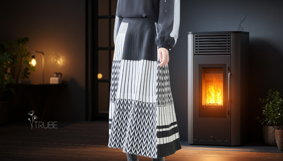 スカート モノクロブロック柄 ニットスカート レディース (M〜L) ブラック 秋冬春