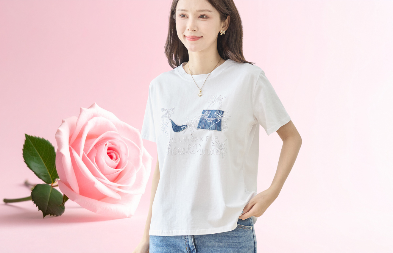 TRUBE デコビジューハイヒール＆バッグ柄Tシャツ 【M~L】ホワイト