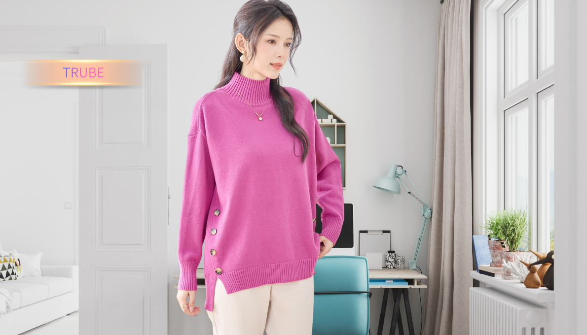 セーター サイドボタン タートルネック ニットプルオーバー 【M~L】 チェリーピンク