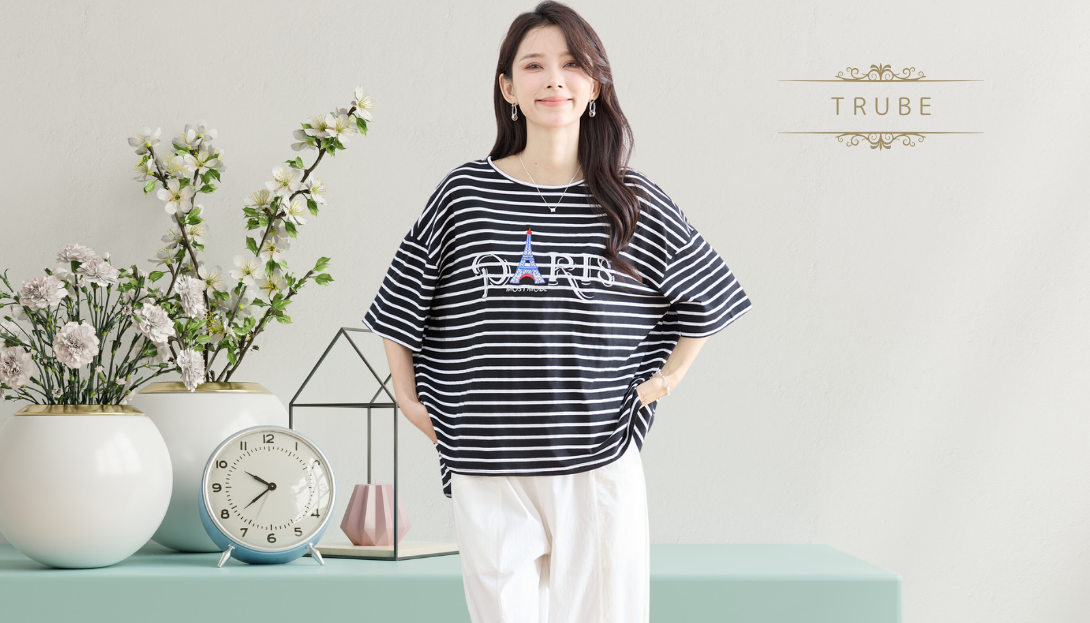 TRUBE【2025新作】【M〜L】エッフェル塔刺繍ボーダーTシャツ ブラック