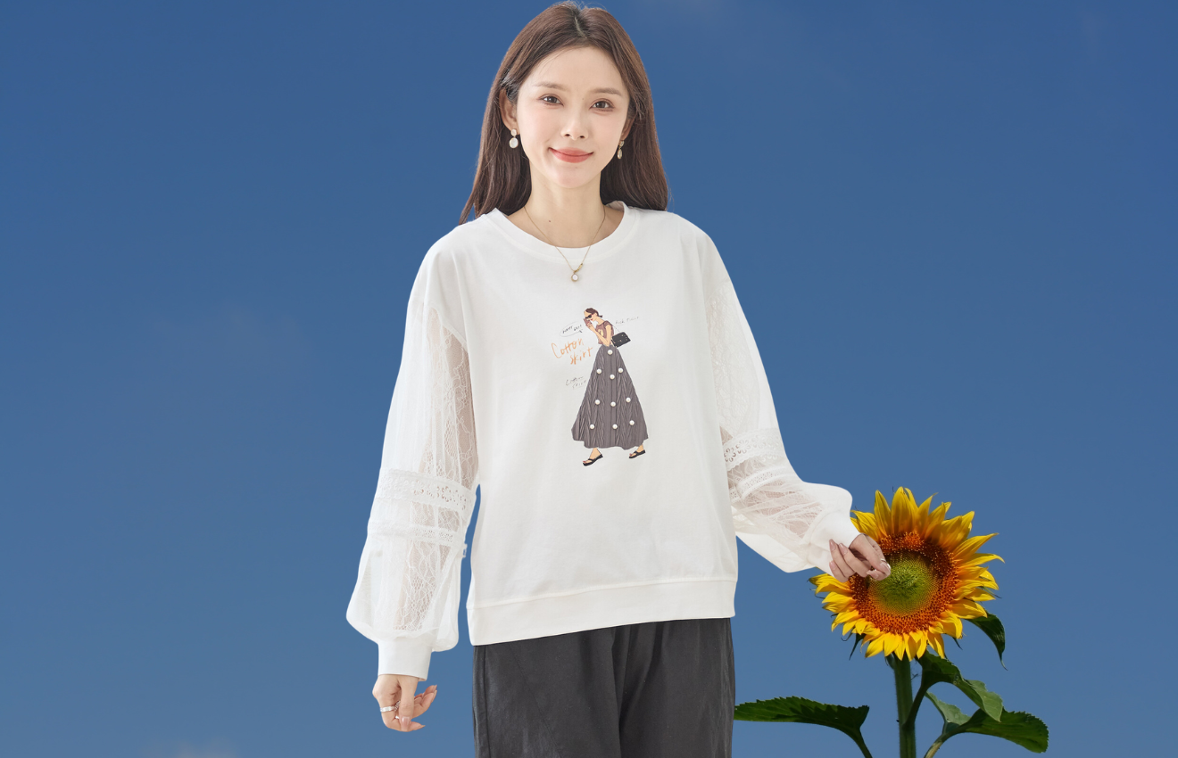 TRUBE パール付き立体イラストガール 長袖レースシアーTシャツ【M~L】ホワイト