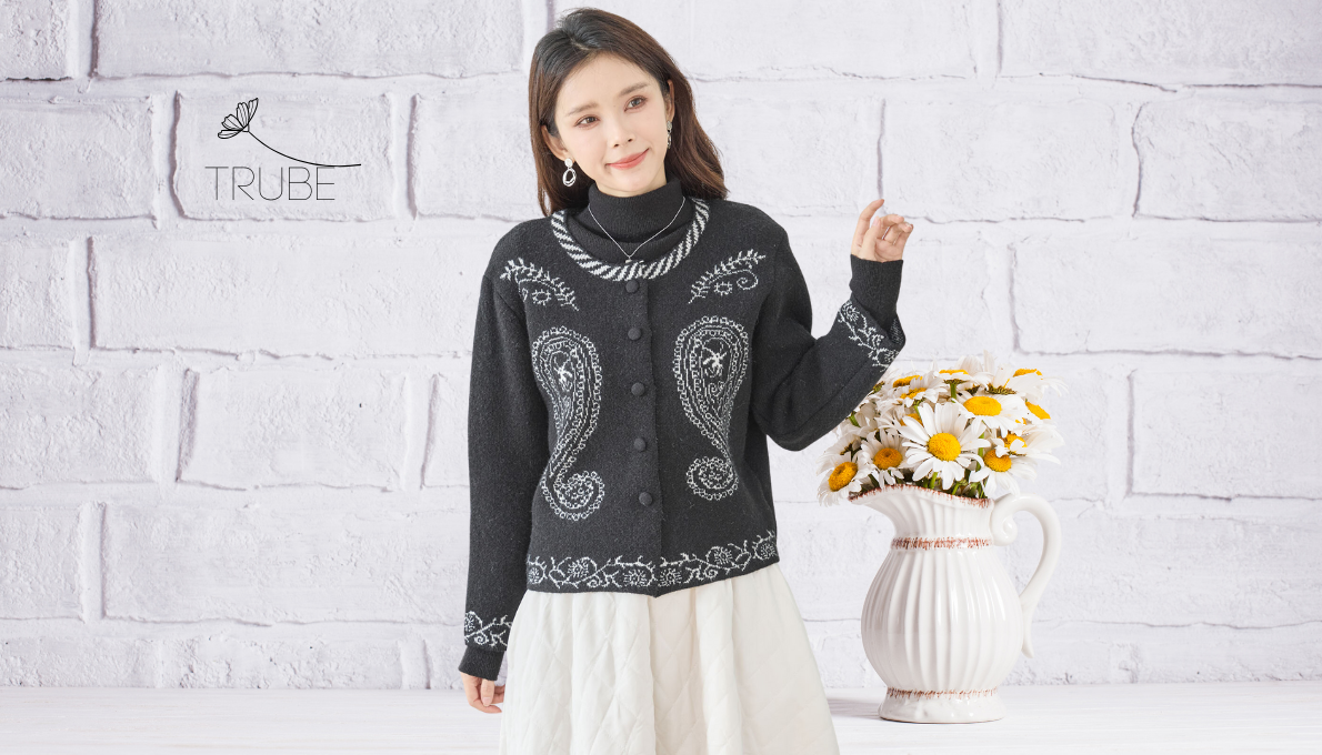 カーディガン クラシックペイズリー ジャガードカーディガン 【M~L】ブラック 春秋冬 TRUBE