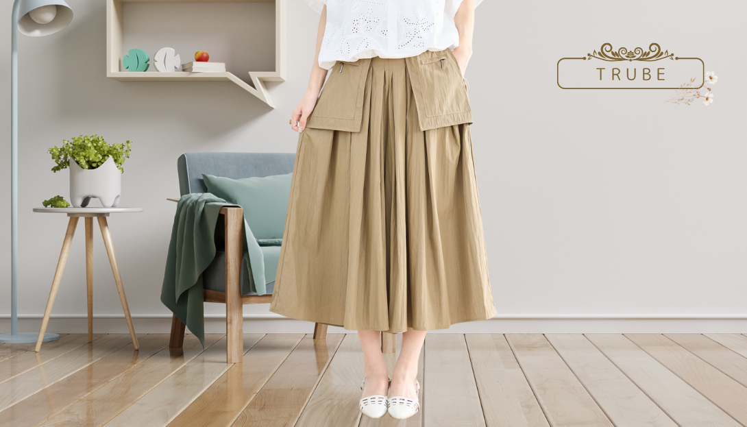 TRUBE【2025新作】【M〜L】タックワイドスカート風ガウチョパンツ カーキベージュ