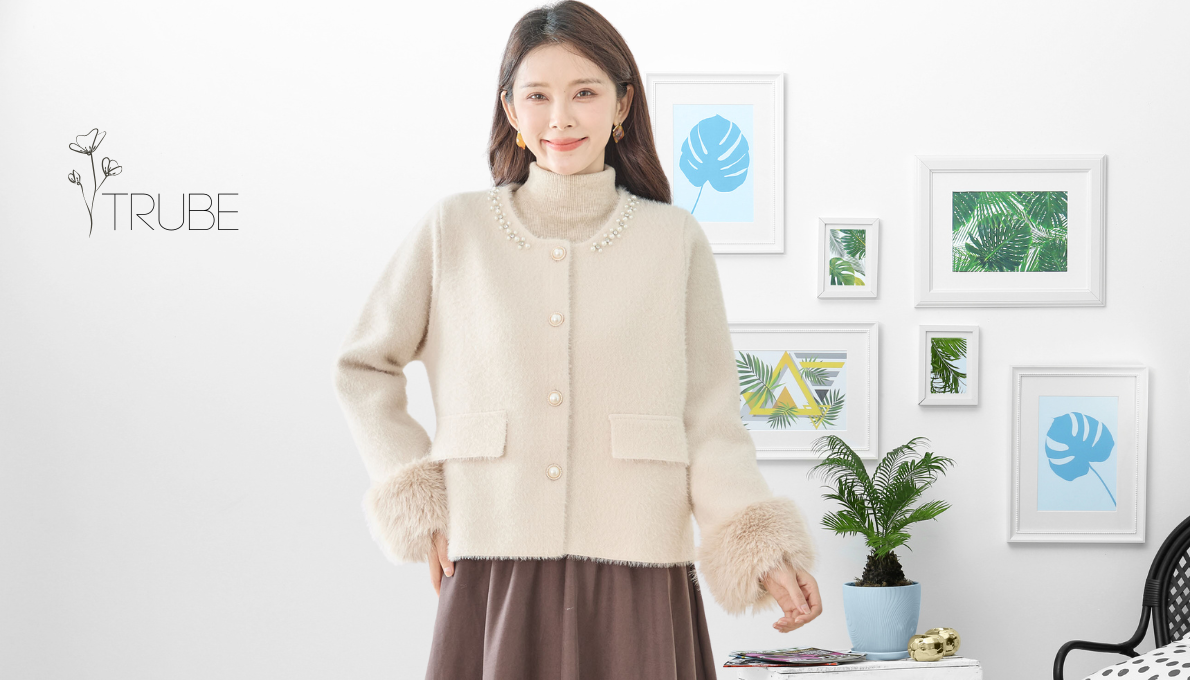 ジャケット ビジューパール付きネックシャギーニットジャケット ベージュ【M~L】2025年新作