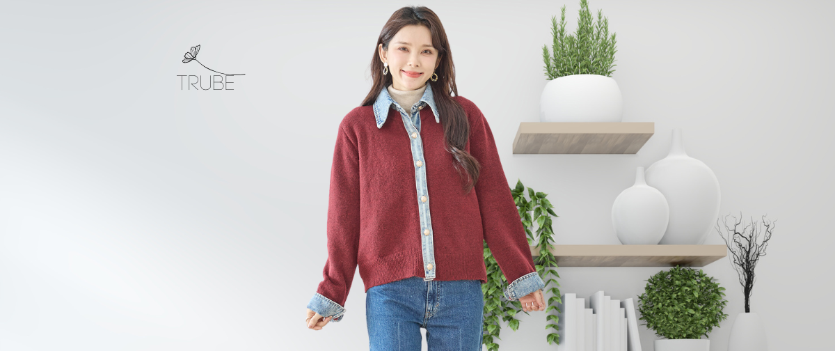 カーディガン デニム衿コンビニットカーディガン レディース(M〜L対応) ワインカラー 秋冬春 TR