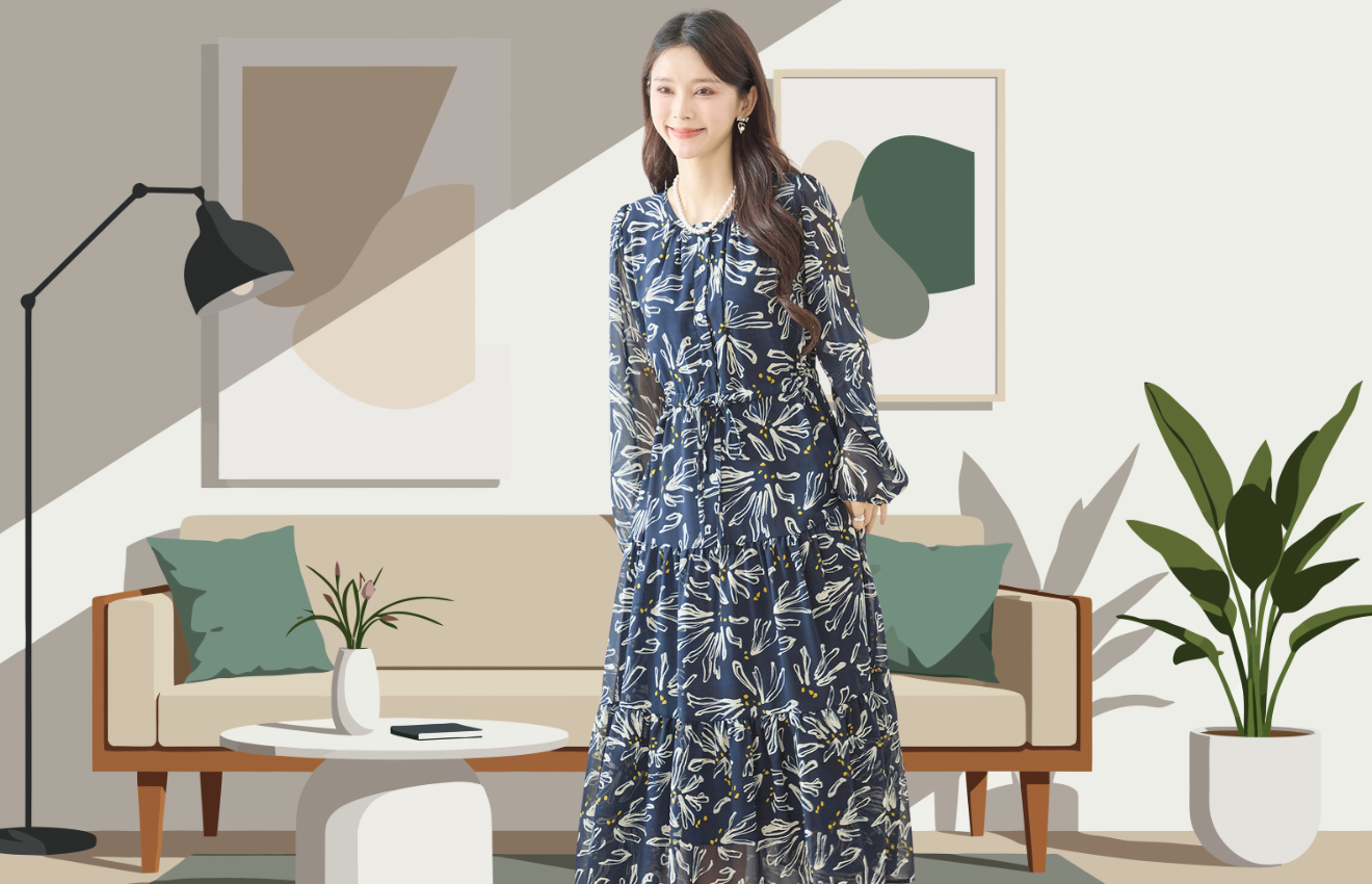 花モチーフアート風デザインプリント ウエストドロストワンピース(M~L) ネイビー