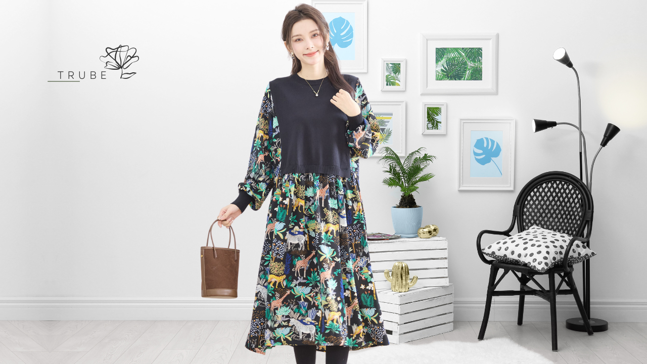 ワンピース レイヤード風サファリプリントワンピース TRUBE 2025新作【L〜LL】