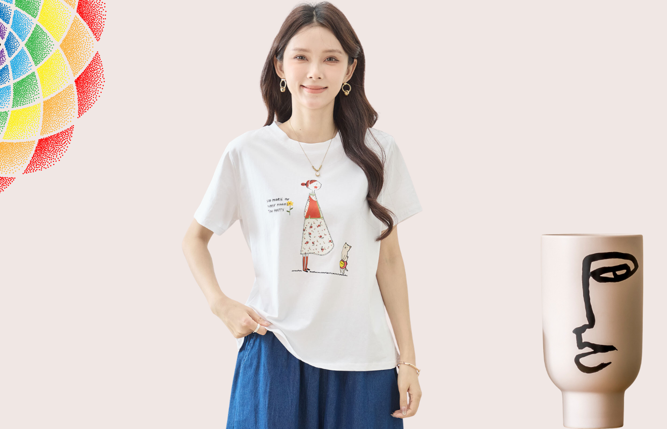 TRUBE 可愛いペットと仲良しガールイラストTシャツ【M~L】ホワイト