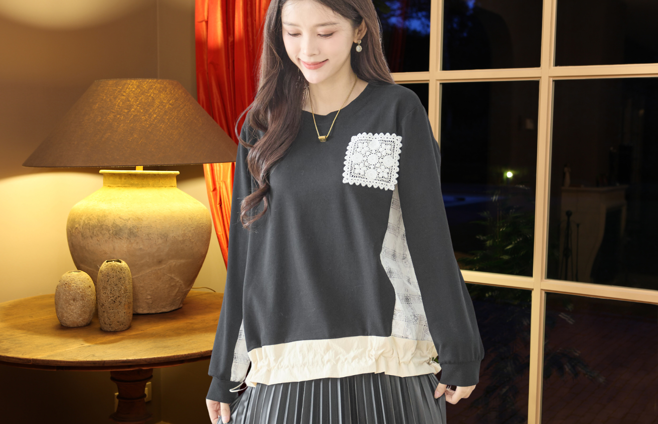 Tシャツ・カットソー 異素材レースアクセントプルオーバー「M~L」ブラック 春秋冬 ¥3,980