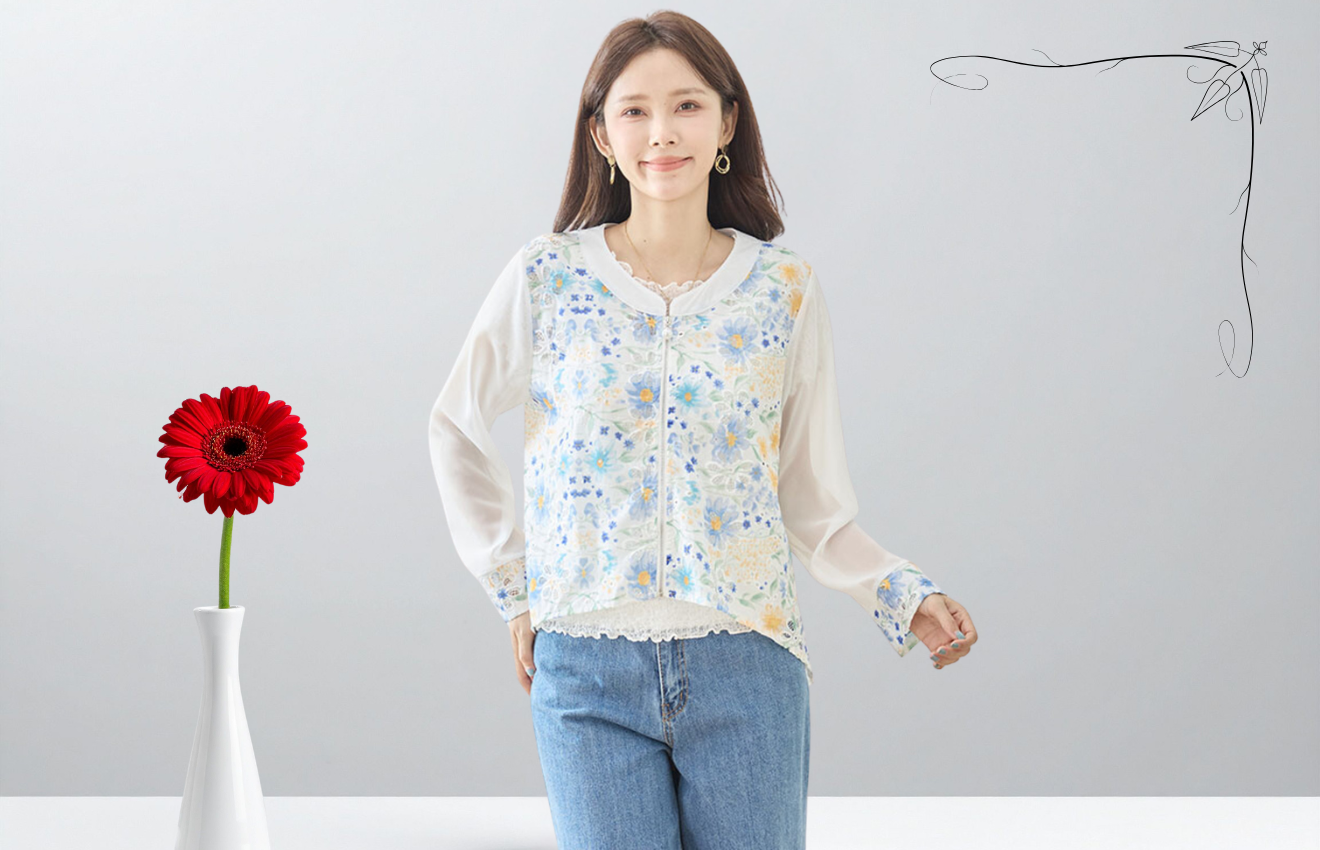 TRUBE 水彩フラワープリントレースノーカラーフロントジップブルゾン【M~L】ホワイト