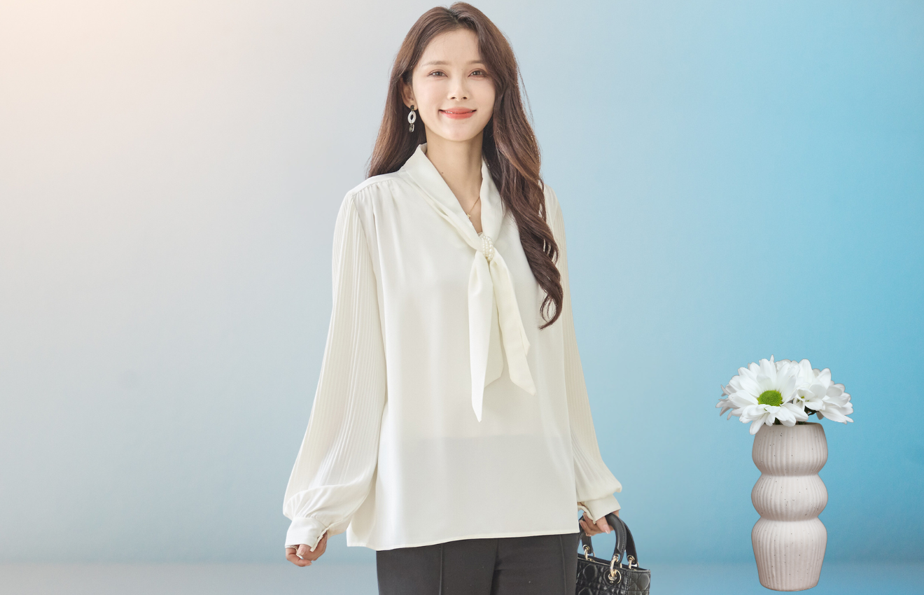 プリーツスリーブシフォンボウタイブラウス【L~LL】アイボリー
