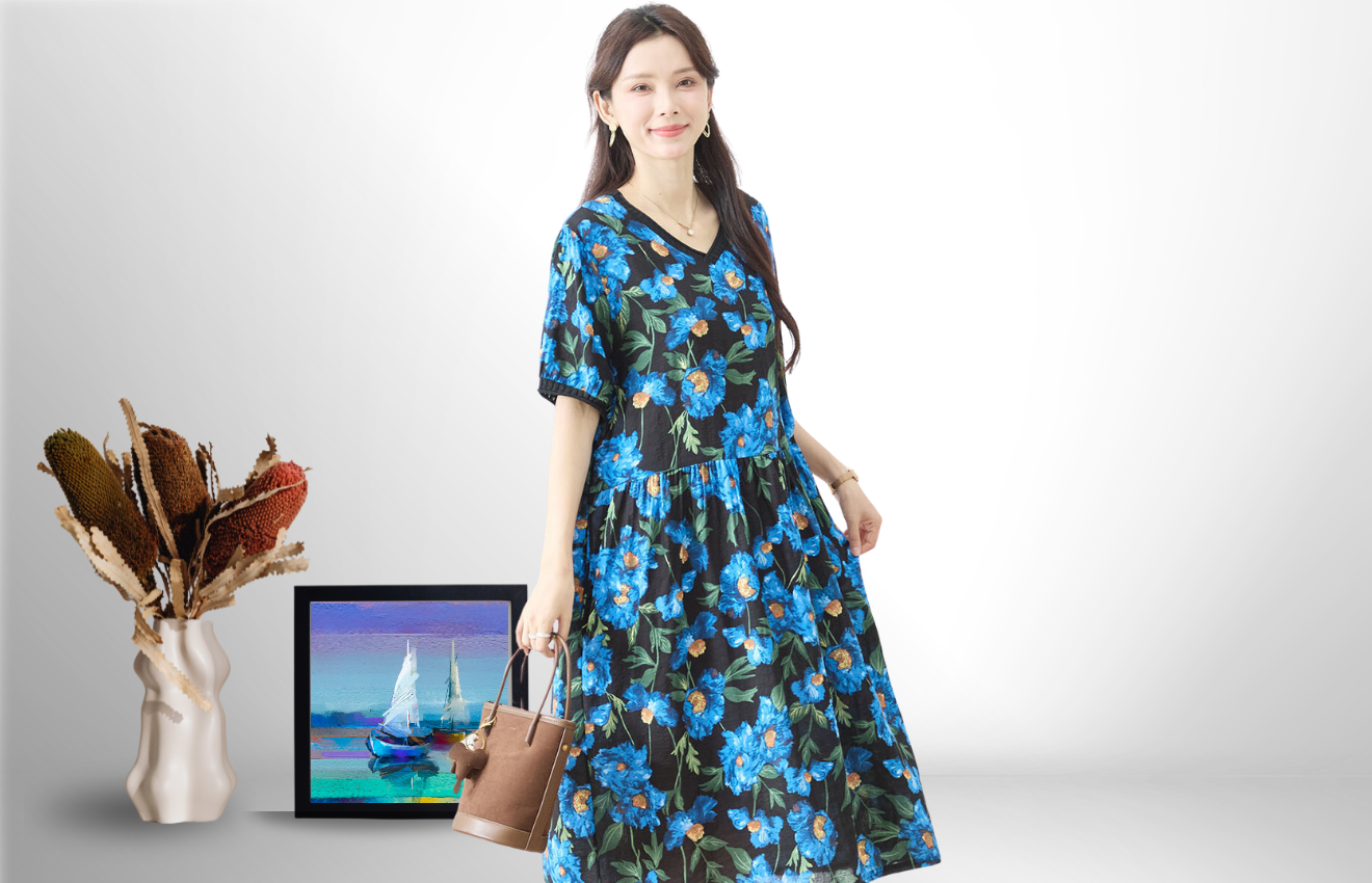 TRUBE 花柄プリントVネックコットン半袖ワンピース【L~LL】ブラック