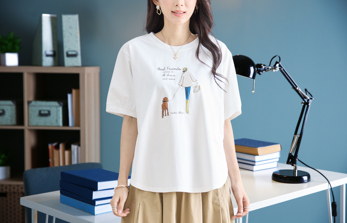 TRUBE ガール＆ドッグプリントTシャツ【M~L】ホワイト