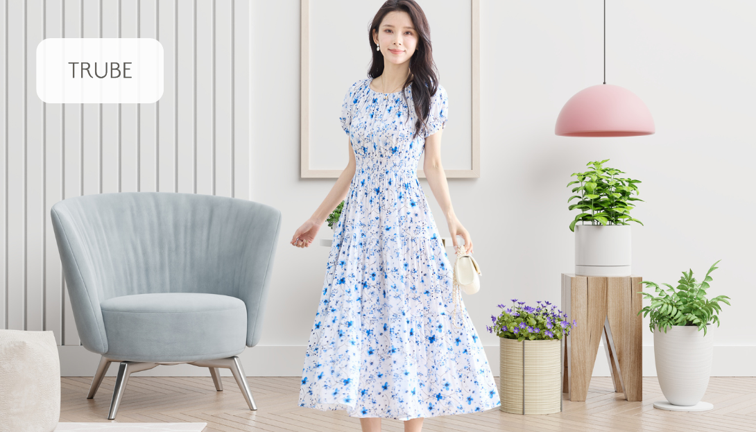 TRUBE【2025新作】【M〜L】シャーリングネック花柄ワンピース