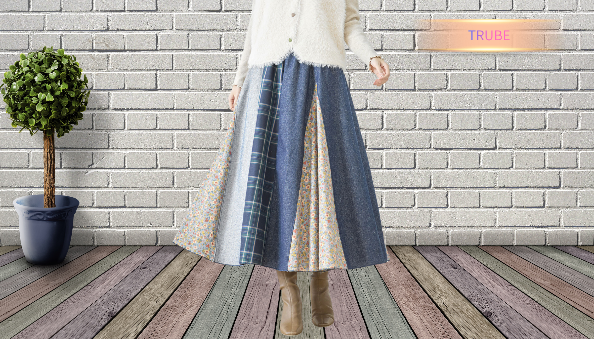 スカート TRUBE 異素材切替フレアスカート【M~L】 デニムブルー
