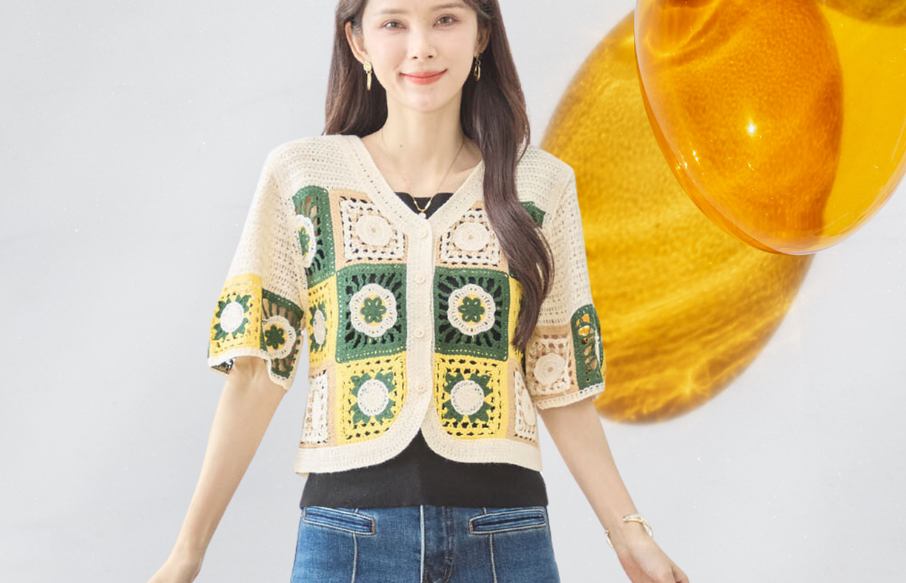 reve bleu クロシェ編みカーディガン (M~L) イエロー