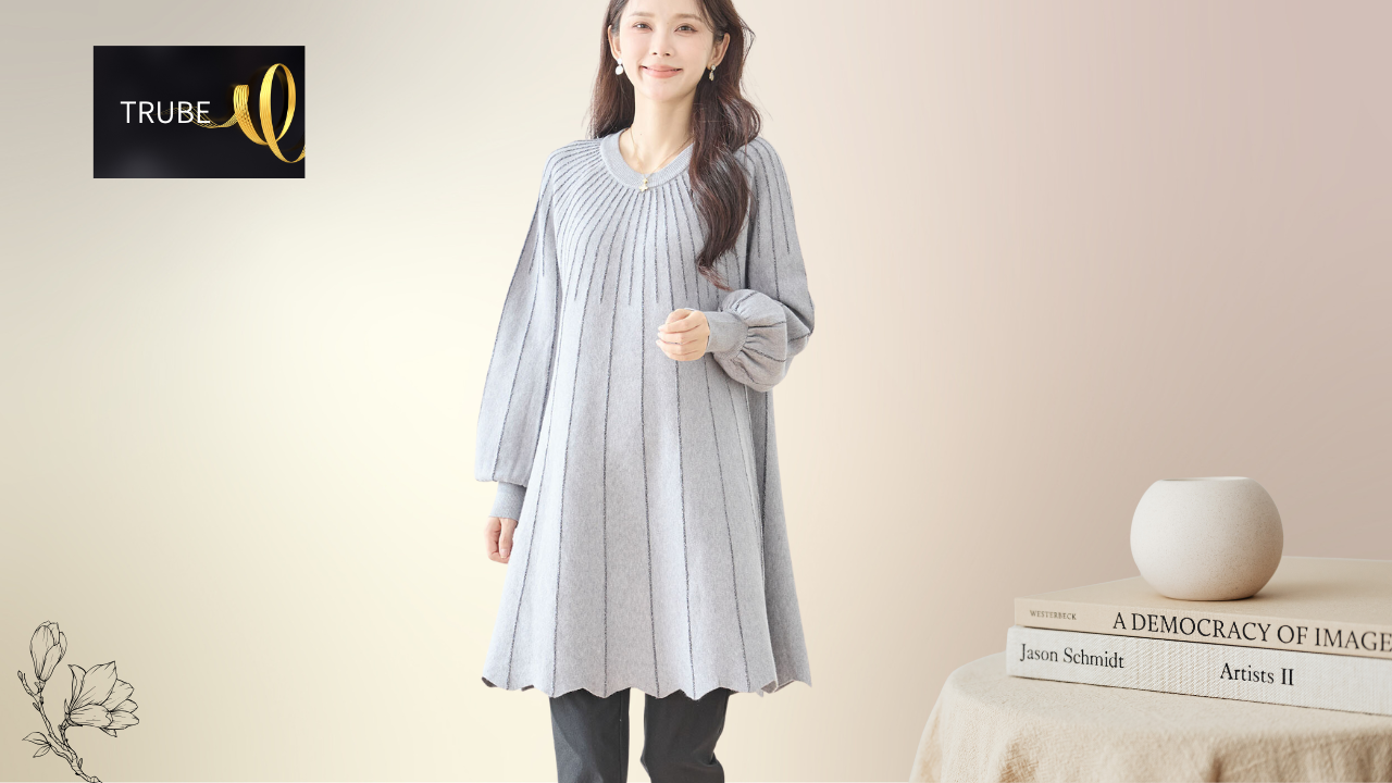 TRUBE【2025新作】【M〜L】リブラインフレアニットチュニックワンピース