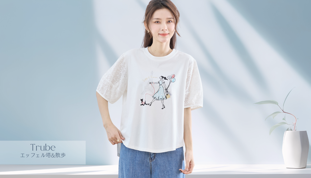 TRUBE【2025新作】【M〜L】ガールイラスト袖レース切替Tシャツ