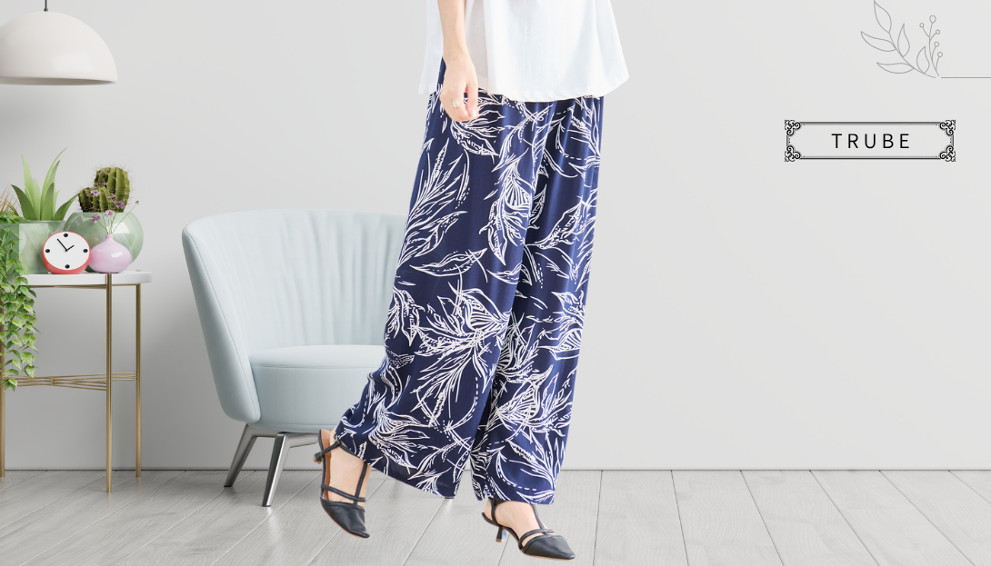 TRUBE【2025新作】【M〜L】リーフライン柄リラックスワイドパンツ
