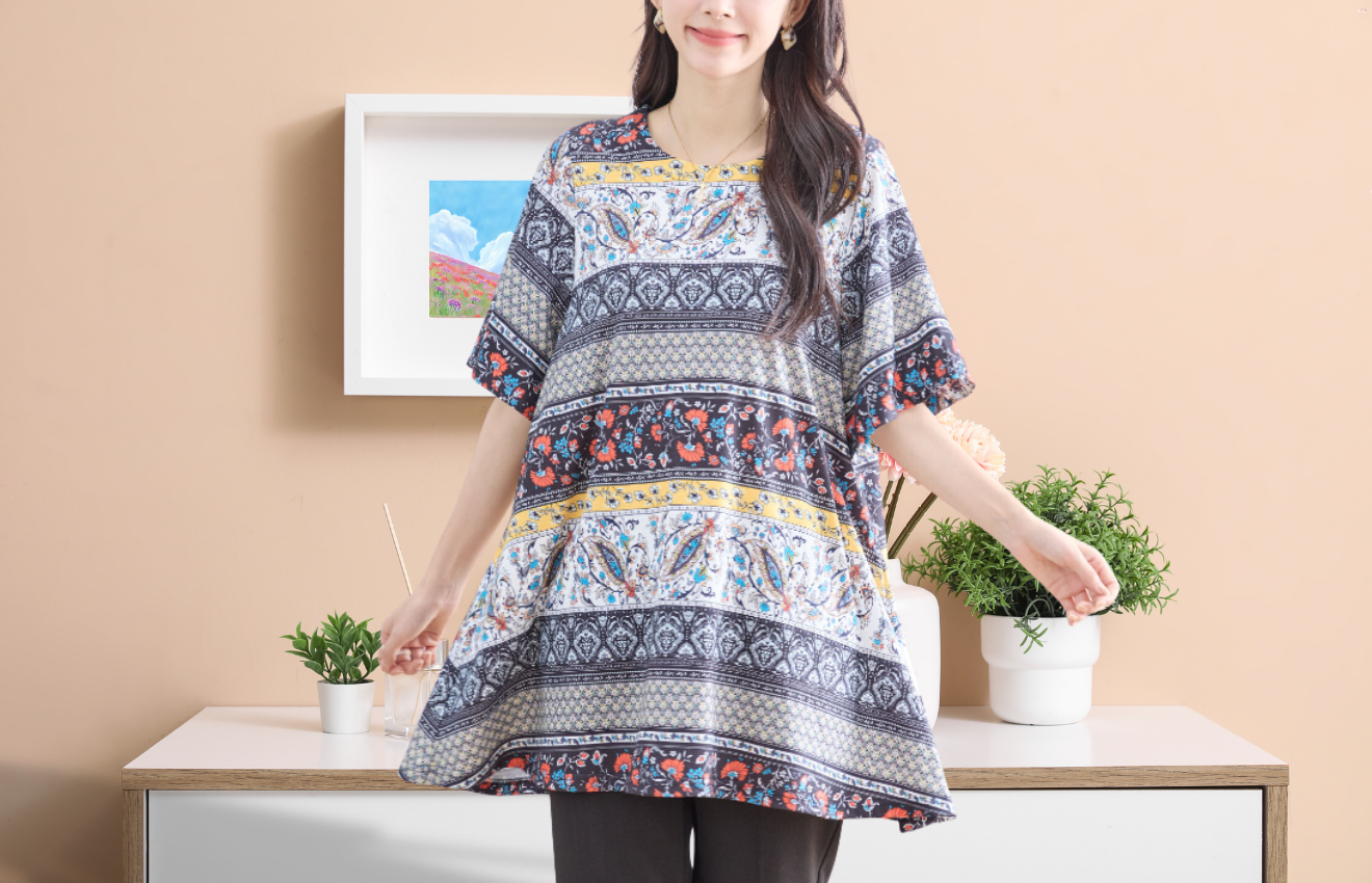 TRUBE ペイズリーラインプリントチュニック【M~L】ブラック