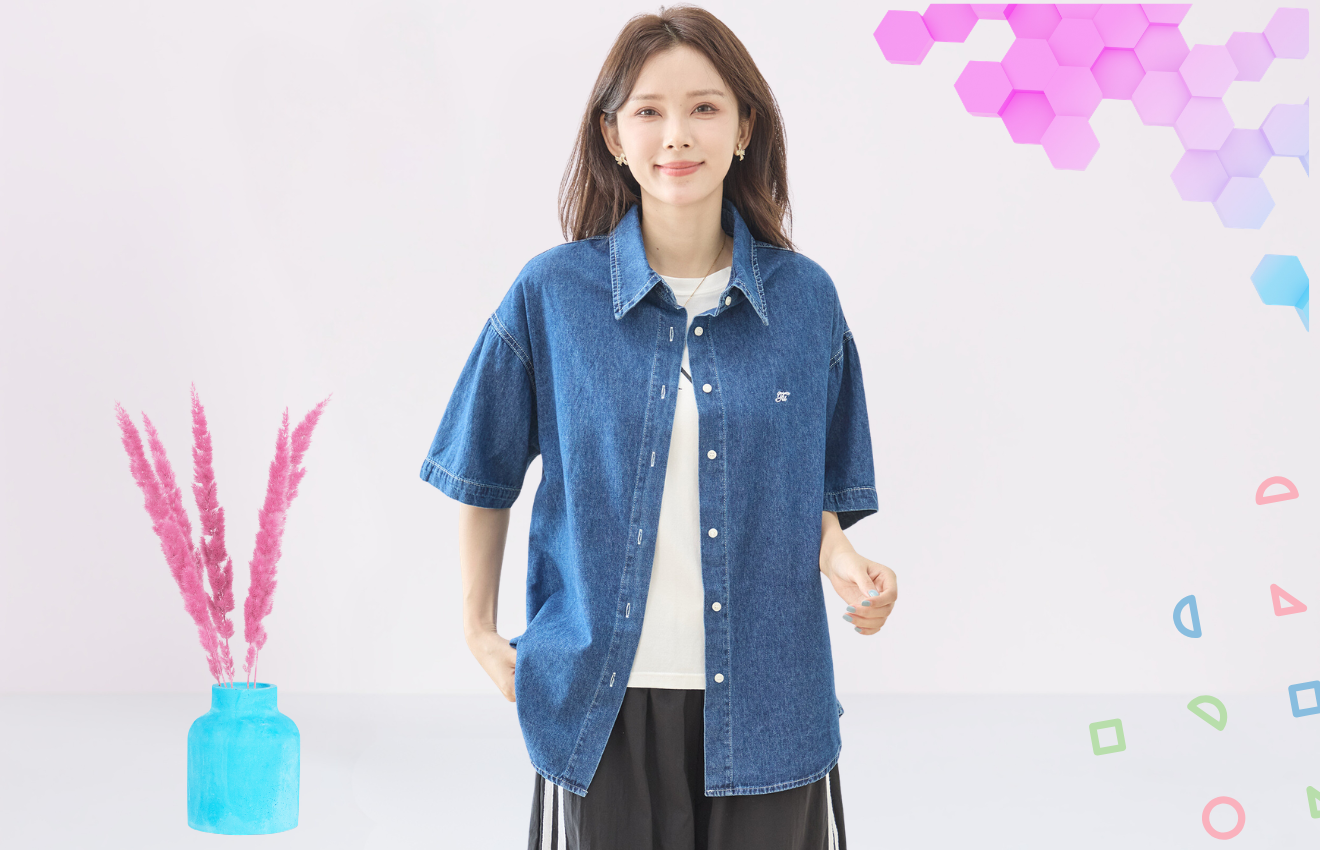 TRUBE ワンポイント刺繍ドロップショルダー半袖デニムシャツ【M~L】デニムブルー