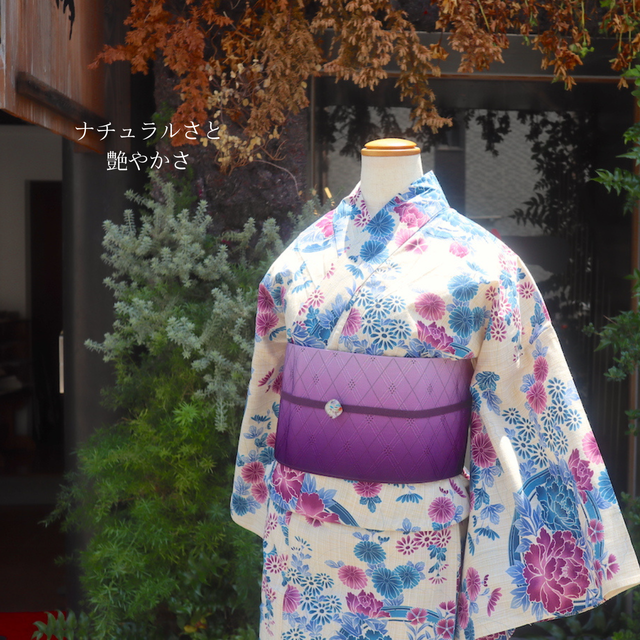 【ゆかた　浴衣　すぐ着られる　お仕立て上がり】綿　/　牡丹と菊　くすみ系 赤紫色と青