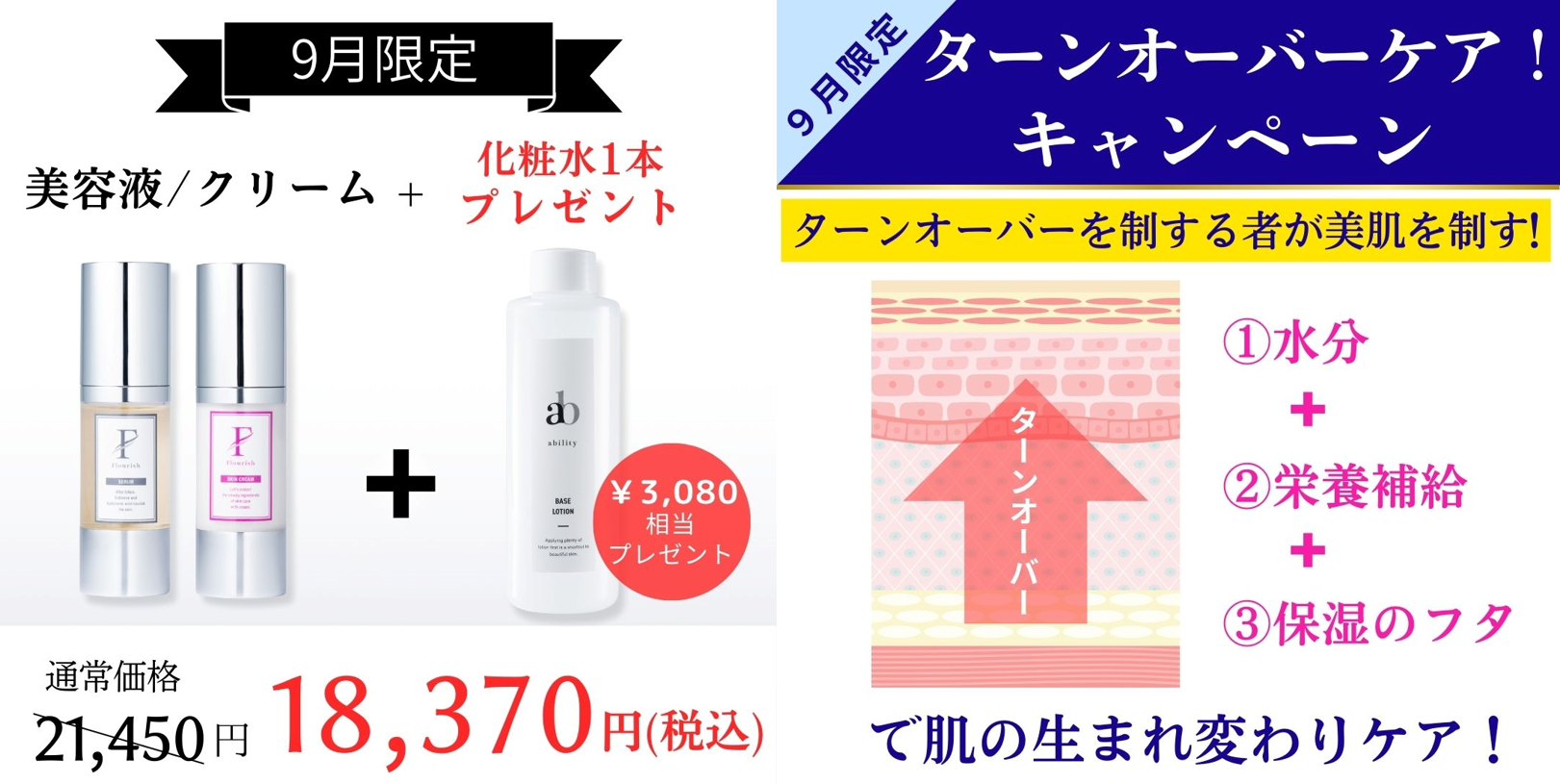 9月限定【ターンオーバーケア！キャンペーン】美容液・クリーム＋化粧水1本プレゼント