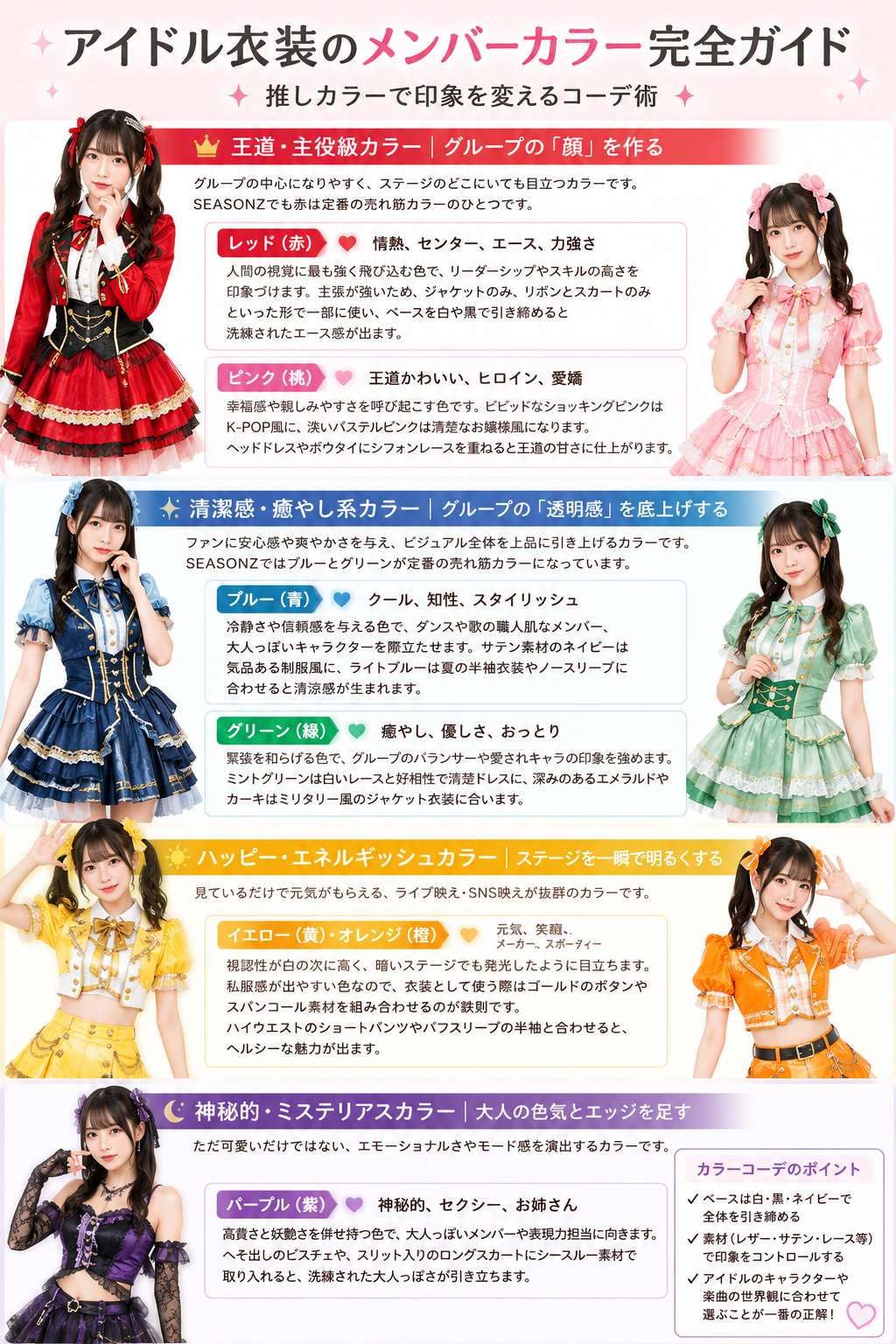 アイドル衣装のメンバーカラー完全ガイド｜推しカラーで印象を変えるコーデ術