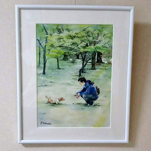 愛犬と飼い主さんの水彩画