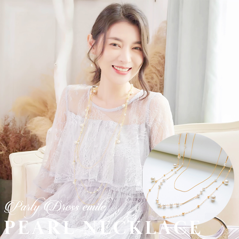大小のパールビジューが連なった3連ゴールドパールネックレス #パーティードレス通販emile