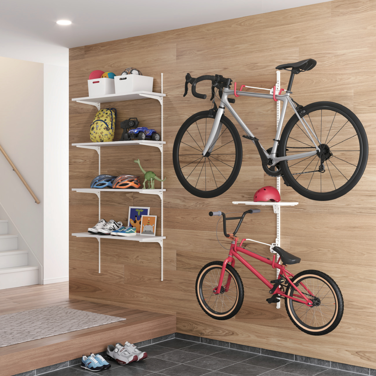 【玄関収納・土間収納】ロードバイクとBMX、2台の自転車を1本の柱にまとめる玄関レイアウト