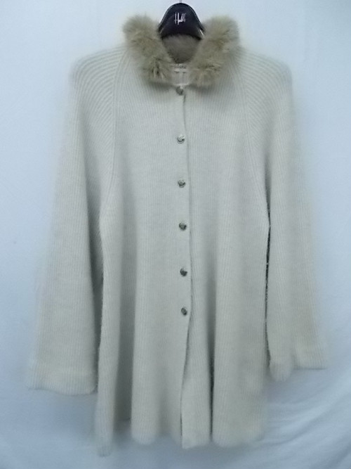 idana ファー付ニットジャケット 長袖 ベージュ系 アンゴラ20%混 サイズL 着丈約73★古着
